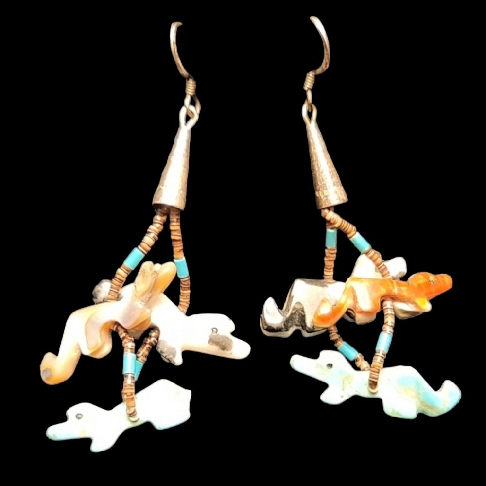 VINTAGE ZUNI NATIVE AMERICAN HESHI BEADED TURQUOISE FETISH DANGLE EARRINGS - Picture 5 of 8